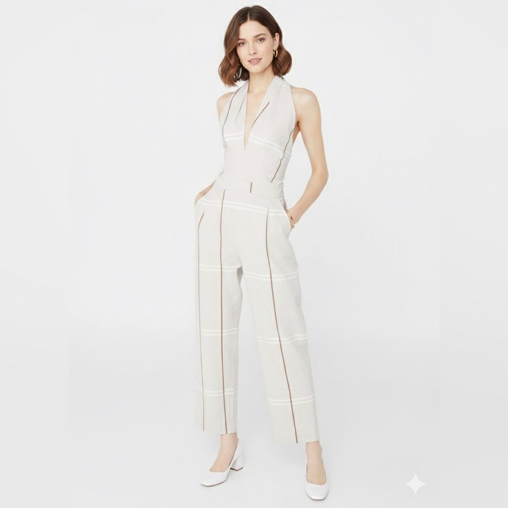 Mango Cream Halter Neck Jumpsuit with Thin Brown Stripes